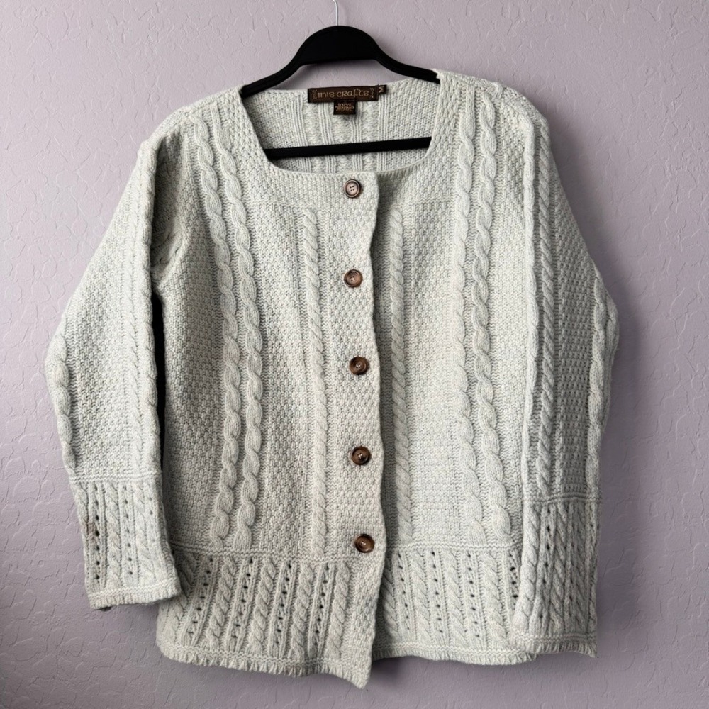 Inis Crafts Medium Cardigan Ice Light Green Merino Wool Irish Cable Knit Sweater